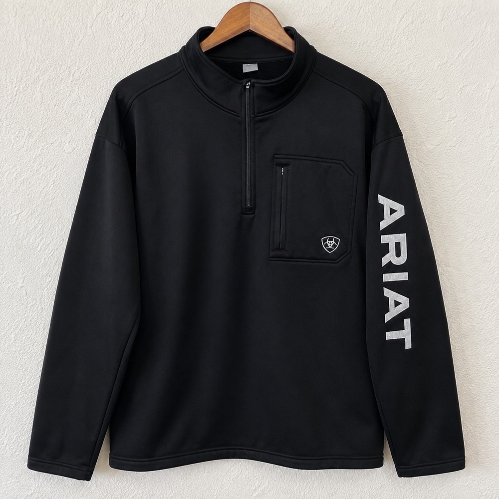 Ariat Mens XXL Black AriatTek Quarter Zip Pullover Fleece Graphic Logo Sweater